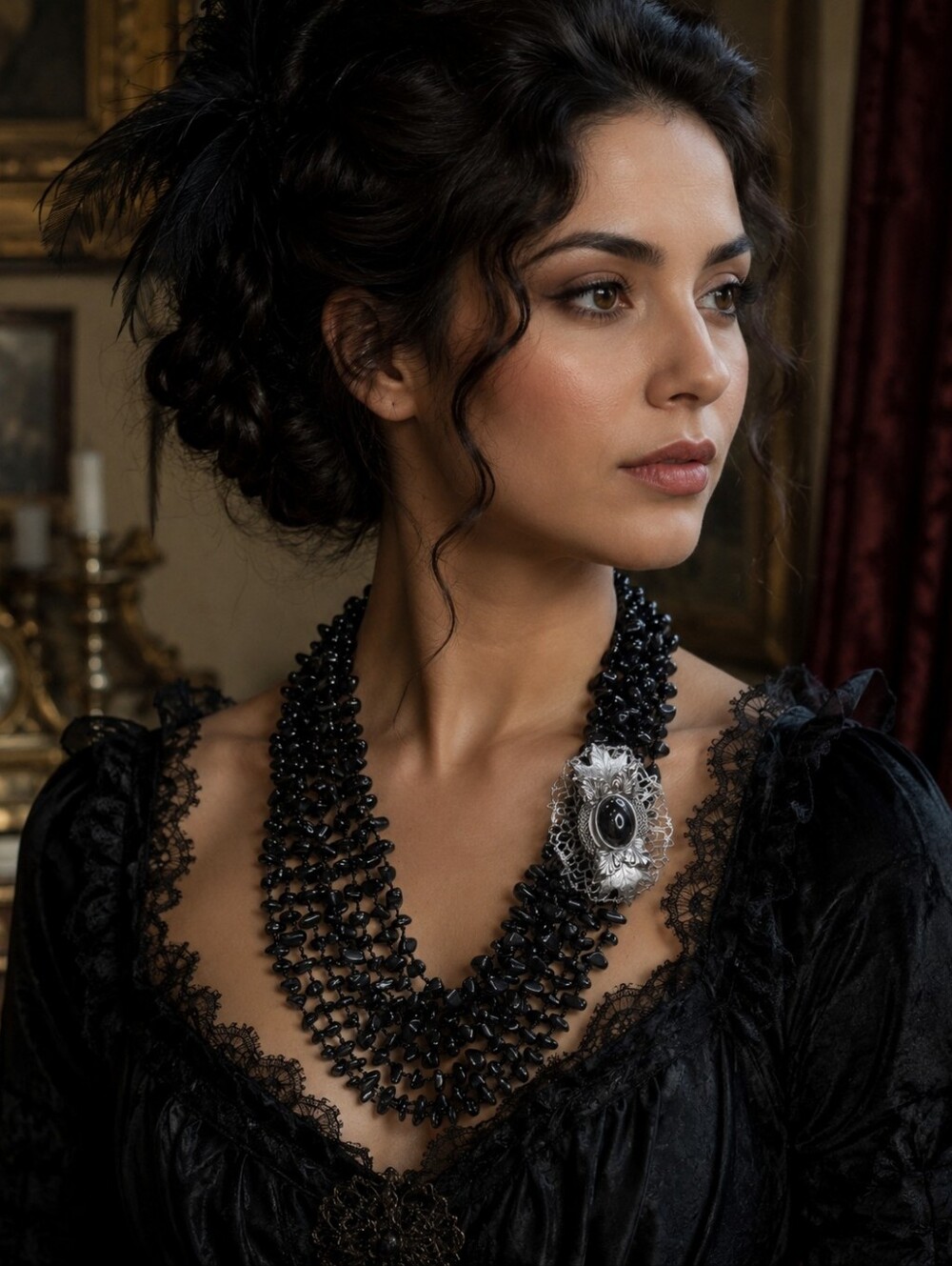 Multi-Strand Black Bead Necklace with Vintage Brooch Victorian Style